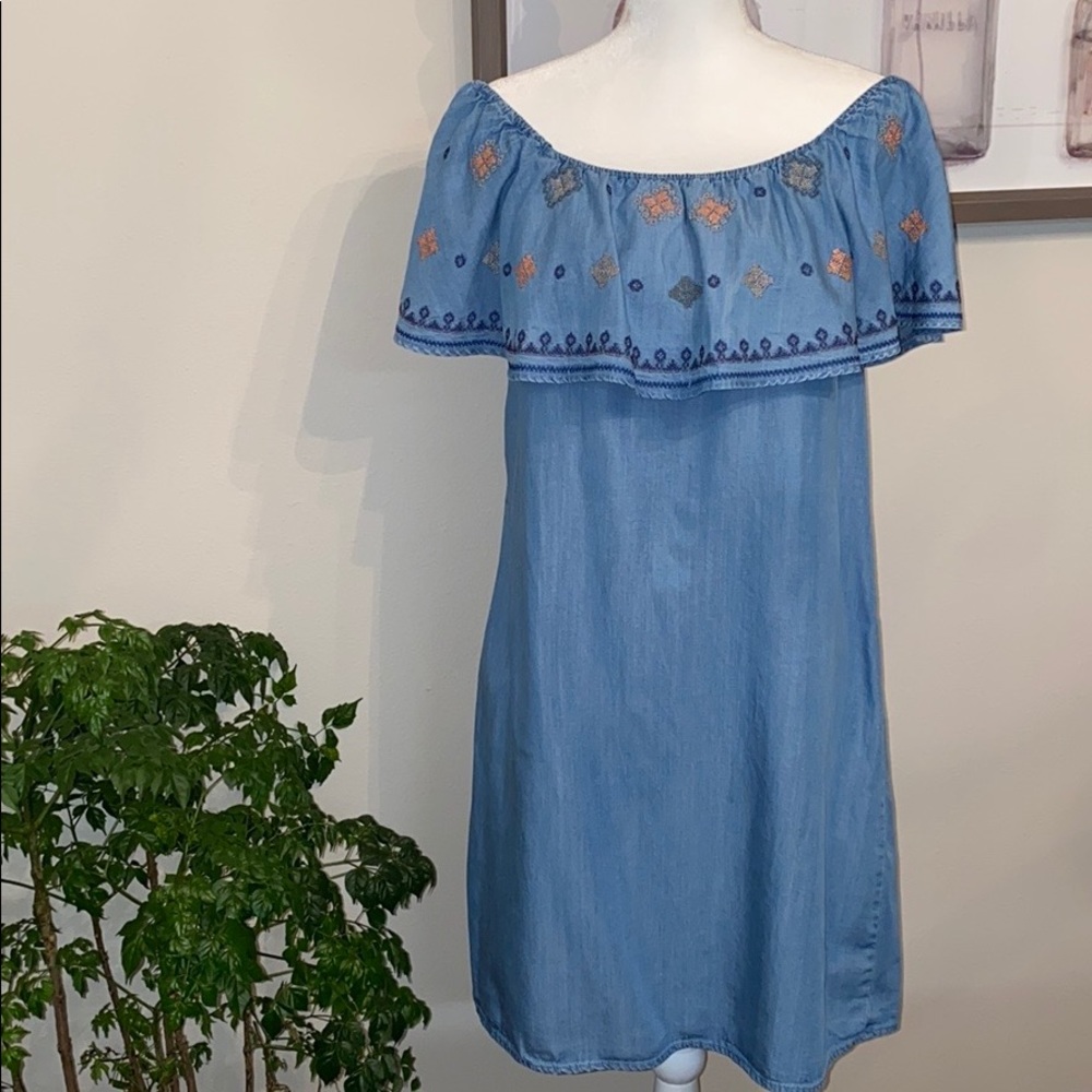 Grey and Gray Chambray off the Shoulder Dress.